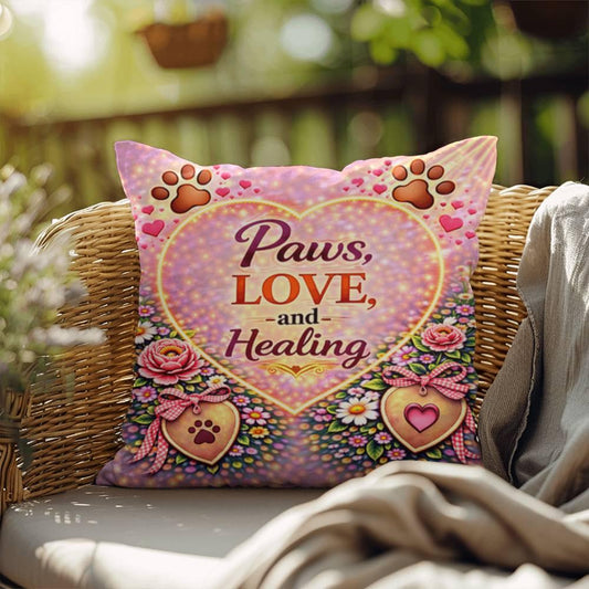Shop our paws love and healing throw pillow featuring the 18" x 18" style option from MySisterIsASurvivor.