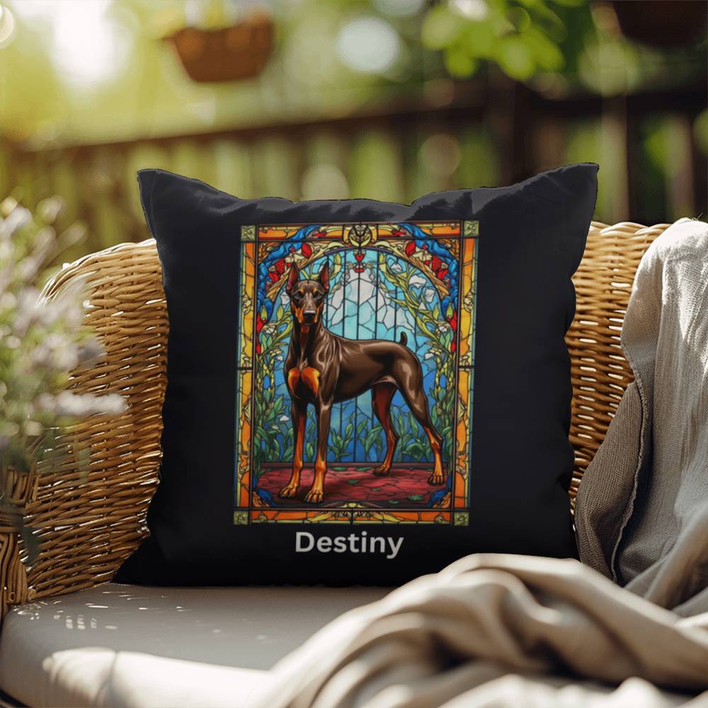 Doberman Pinscher (Brown & Rust) Indoor/Outdoor Pillow - Personalized Stained Glass Dog Tribute & Comfort Gift