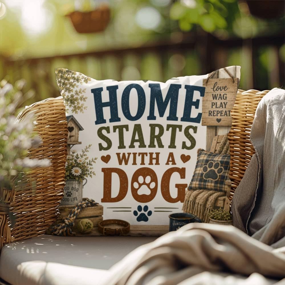 Shop our home starts with a dog throw pillow featuring the 18" x 18" style option from MySisterIsASurvivor.