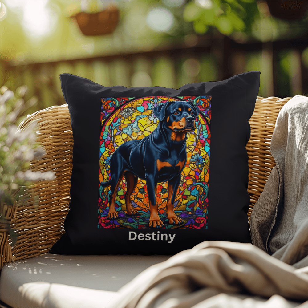 Rottweiler (Black and Rust) Indoor/Outdoor Pillow - Personalized Stained Glass Dog Tribute & Comfort Gift