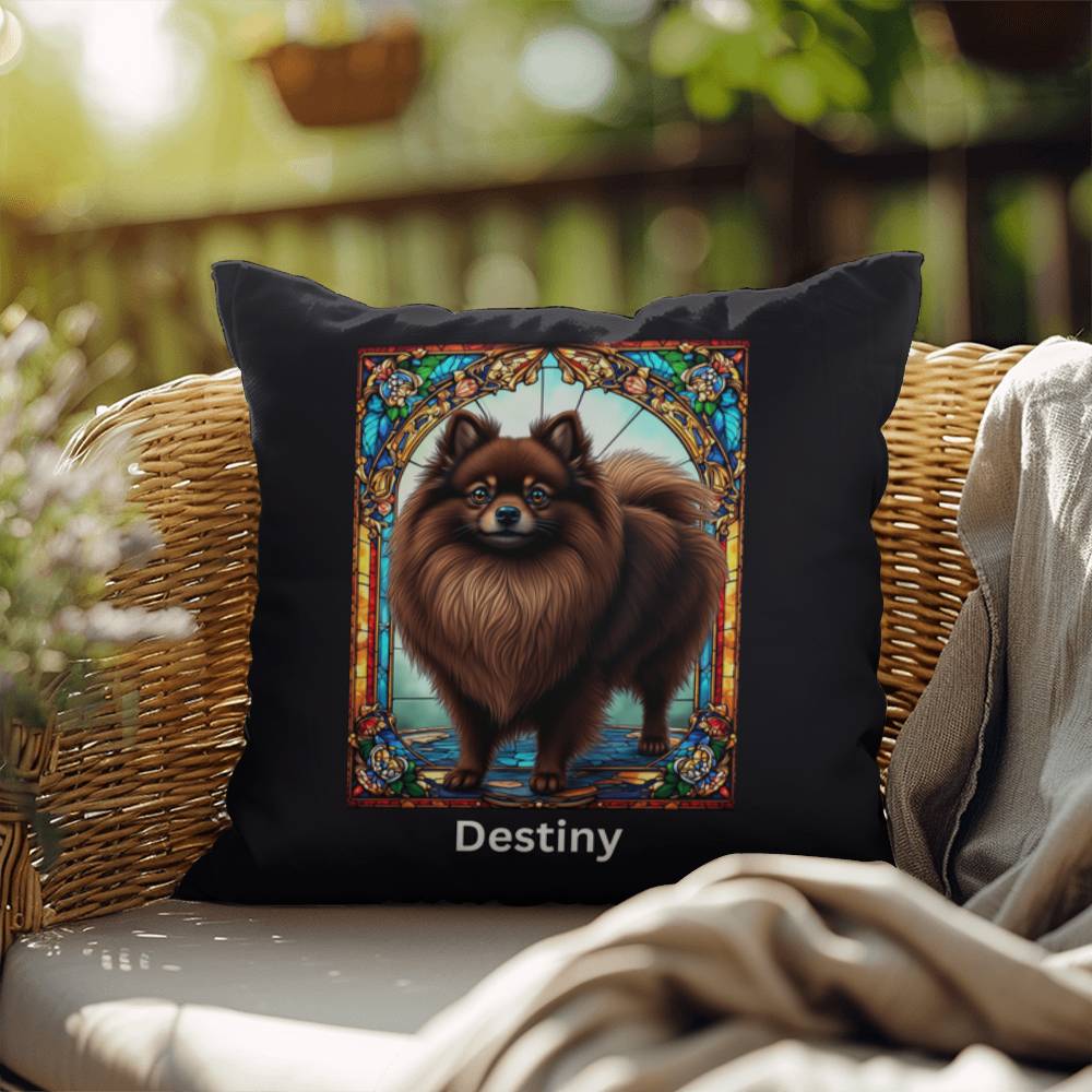 Pomeranian (Chocolate) Indoor/Outdoor Pillow - Personalized Stained Glass Dog Tribute & Comfort Gift