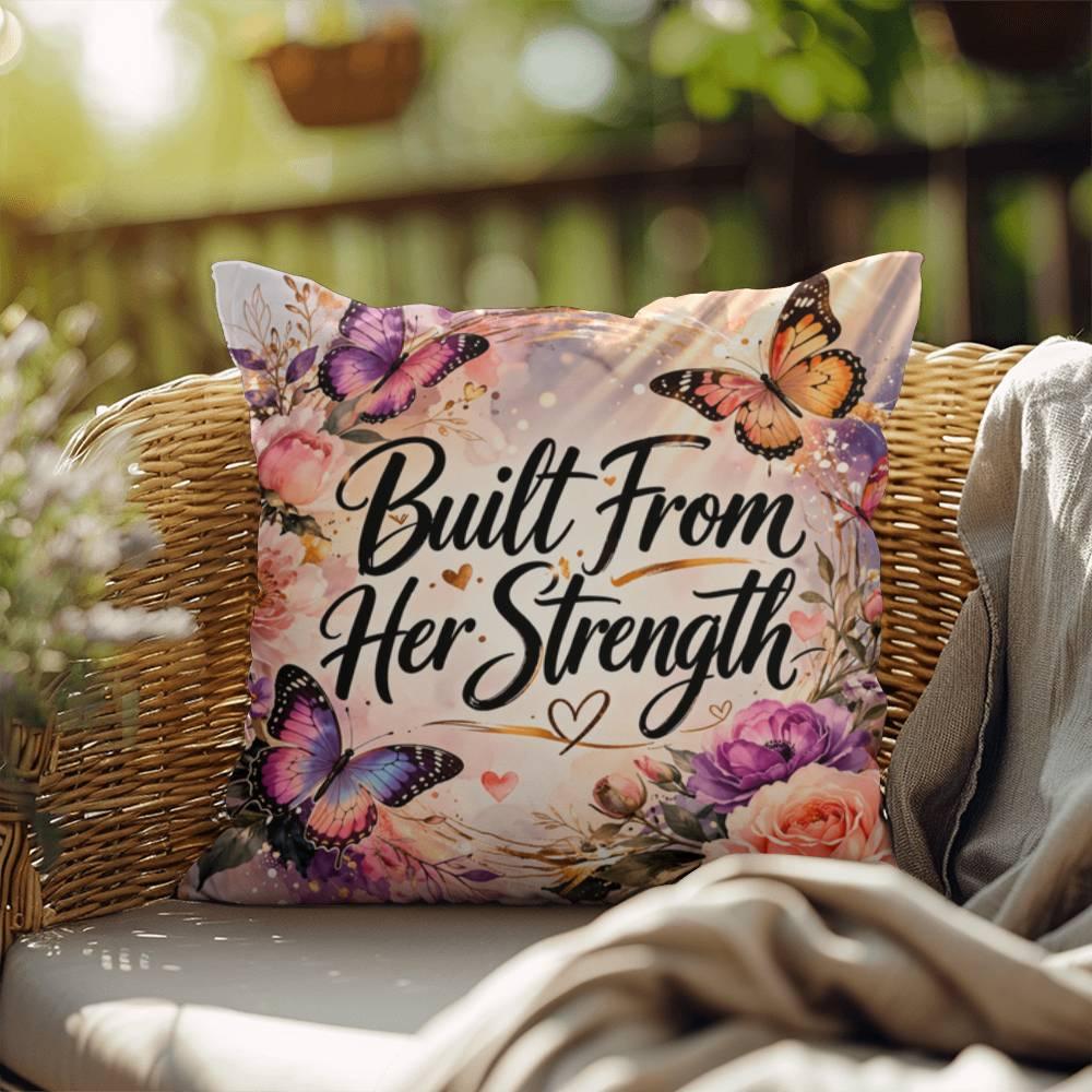Shop our built from her strength throw pillow featuring the 18" x 18" style option from MySisterIsASurvivor.