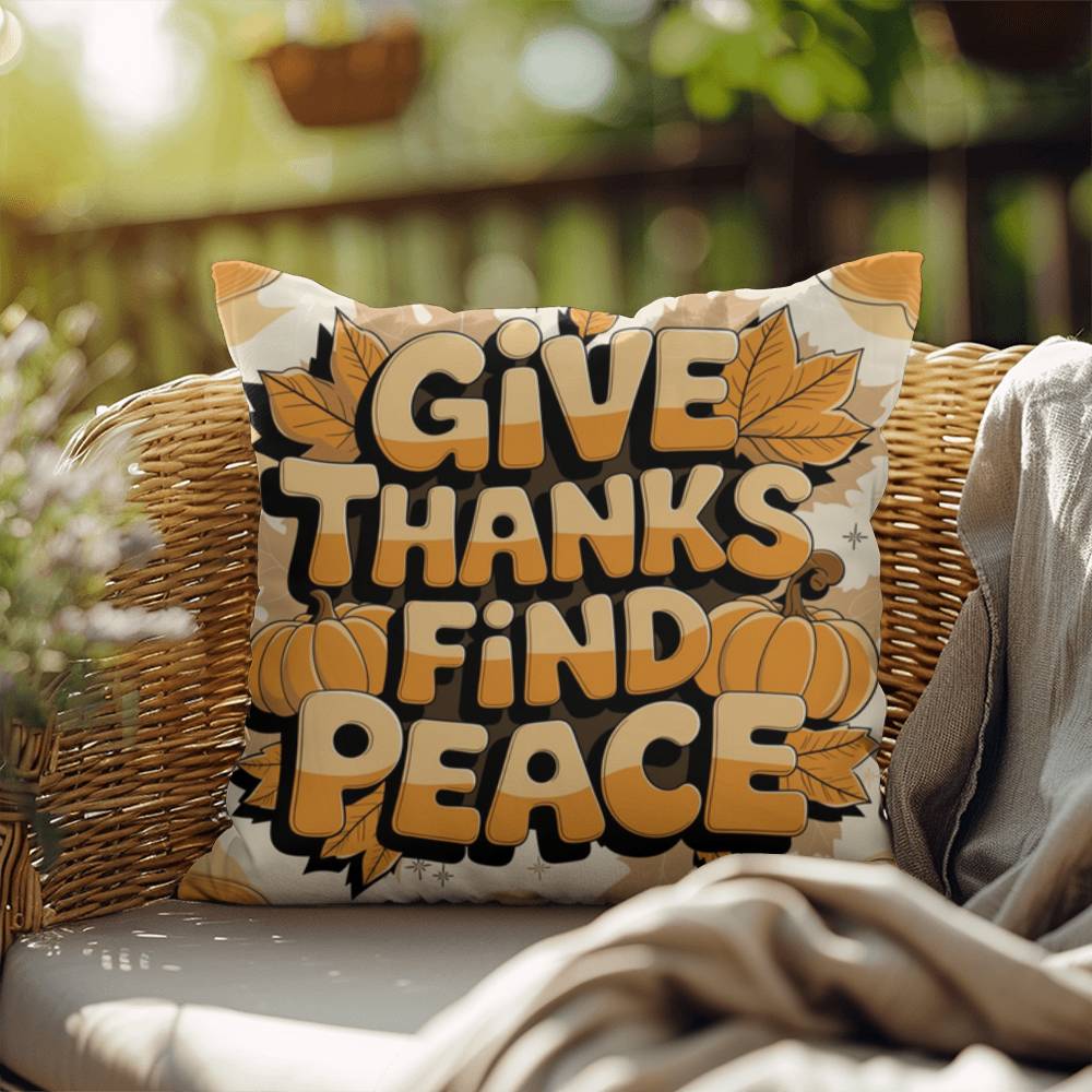 Give Thanks, Find Peace throw pillow with mindful Thanksgiving quote and vibrant autumn décor colors