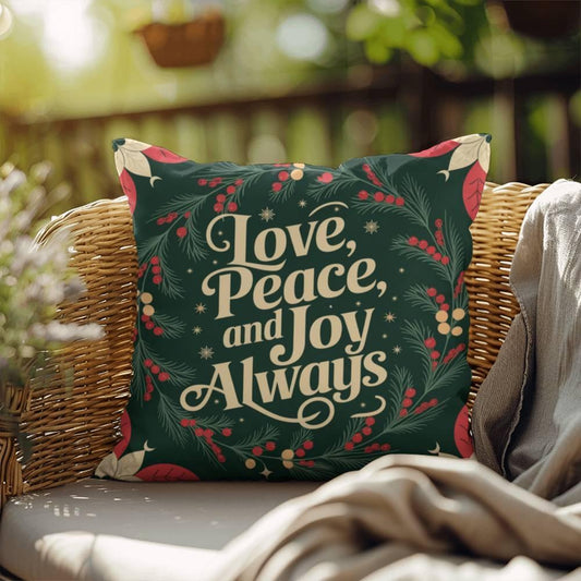 Shop our love peace joy indoor outdoor pillow featuring the 18" x 18" style option from MySisterIsASurvivor.