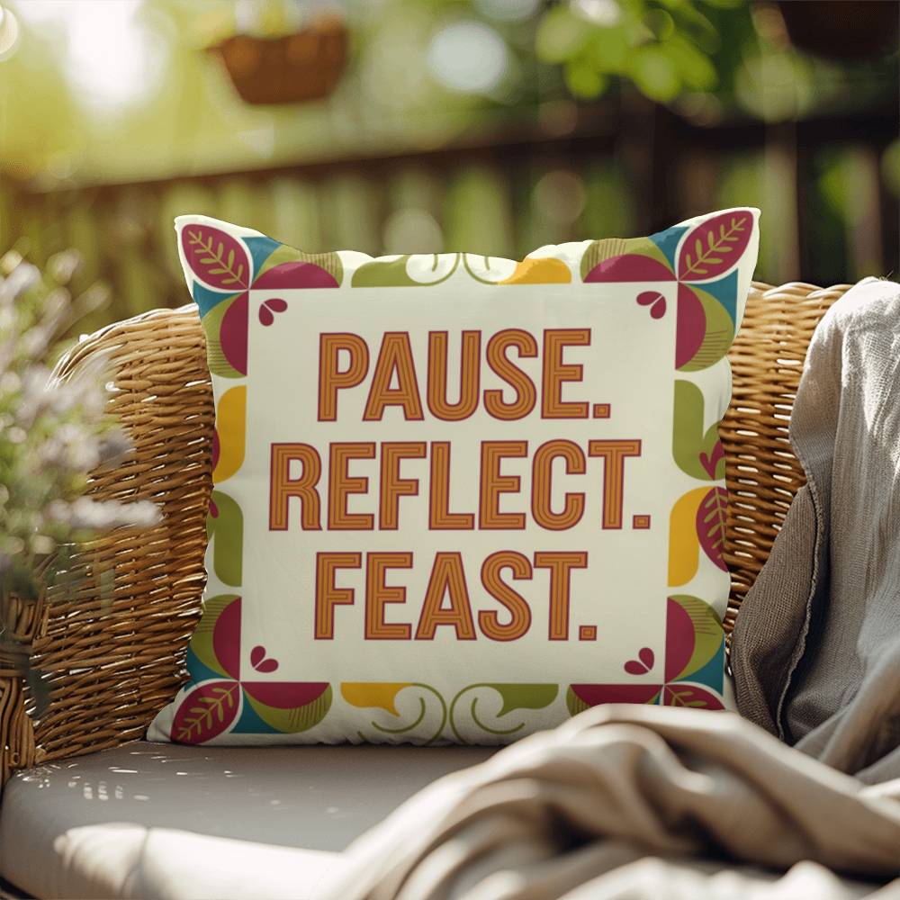Pause. Reflect. Feast. pillow featuring Thanksgiving gratitude quote and cozy autumn home décor