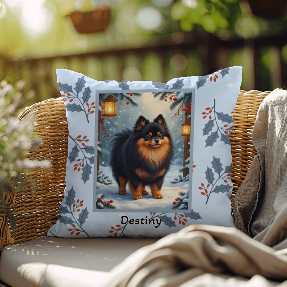 Pomeranian Black & Tan Pillow - Winter Pom throw pillow, festive dog accent, cozy indoor home decor