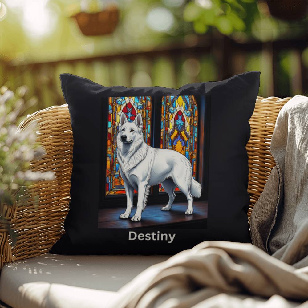 German Shepherd (White) Indoor/Outdoor Pillow - Personalized Stained Glass Dog Tribute & Comfort Gift