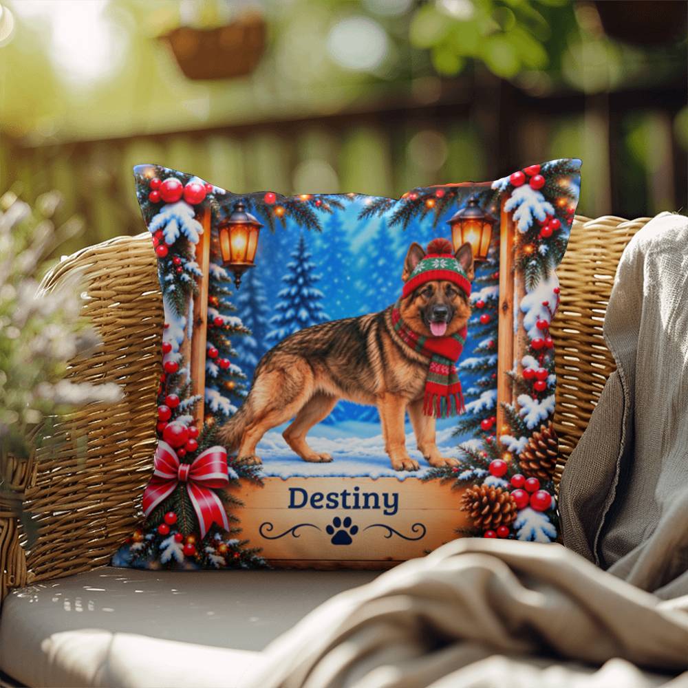 German Shepherd (Gold Sable Coat) - Personalized Cozy Lodge Pillow, Winter Dog Name Gift