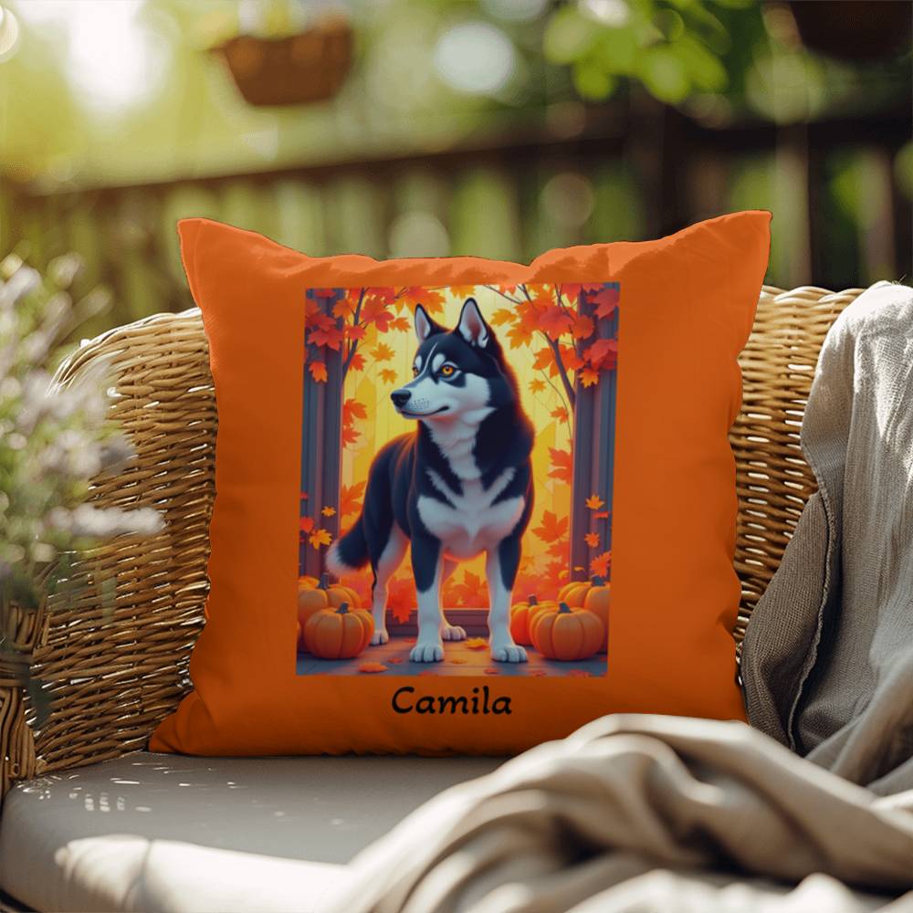 Siberian Husky Black & White Coat (Amber Eyes) Pillow, Indoor Outdoor Dog Cushion, Personalized