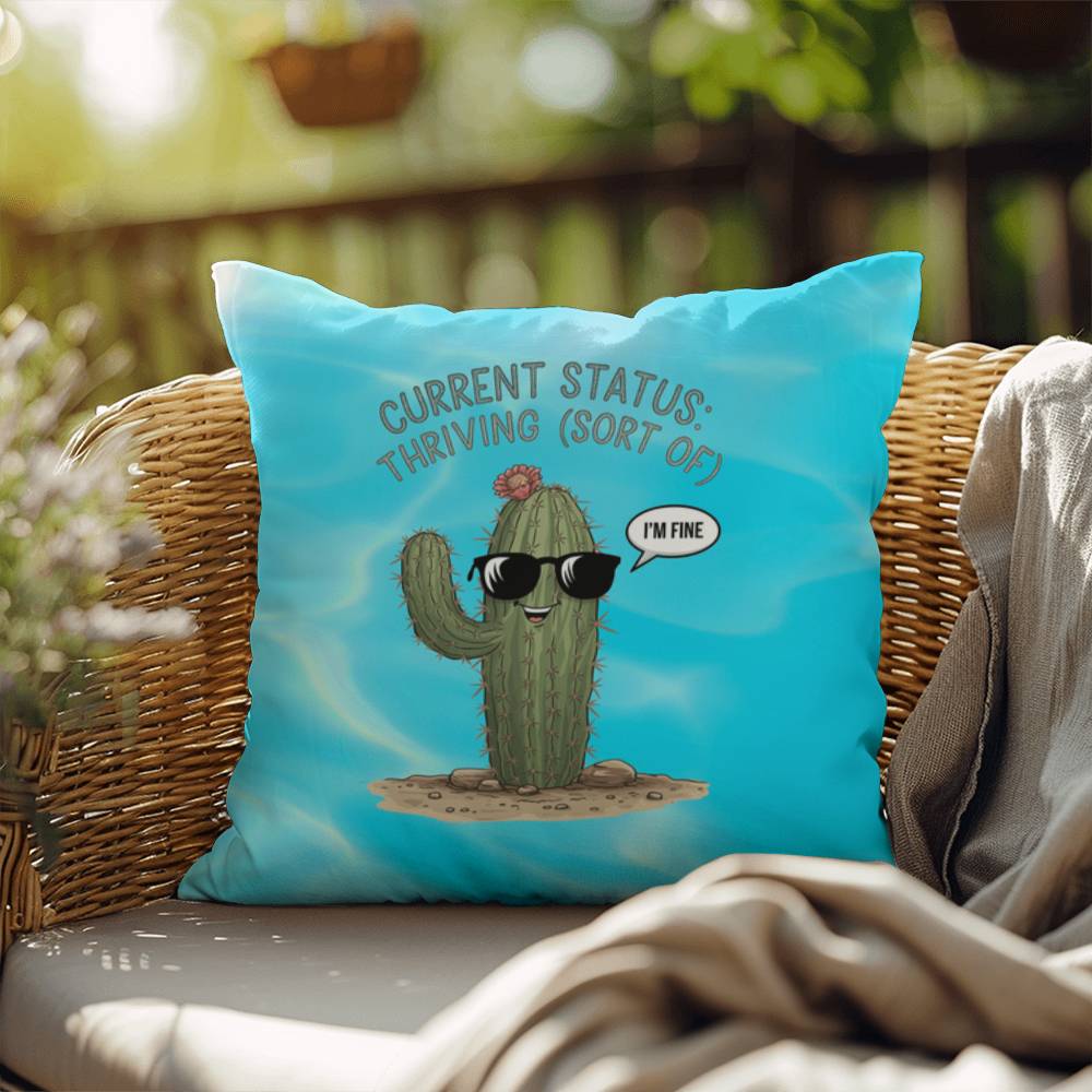 "Current Status: Thriving (Sort Of)" indoor/outdoor pillow, mental health support cushion for anxiety relief and relaxation.