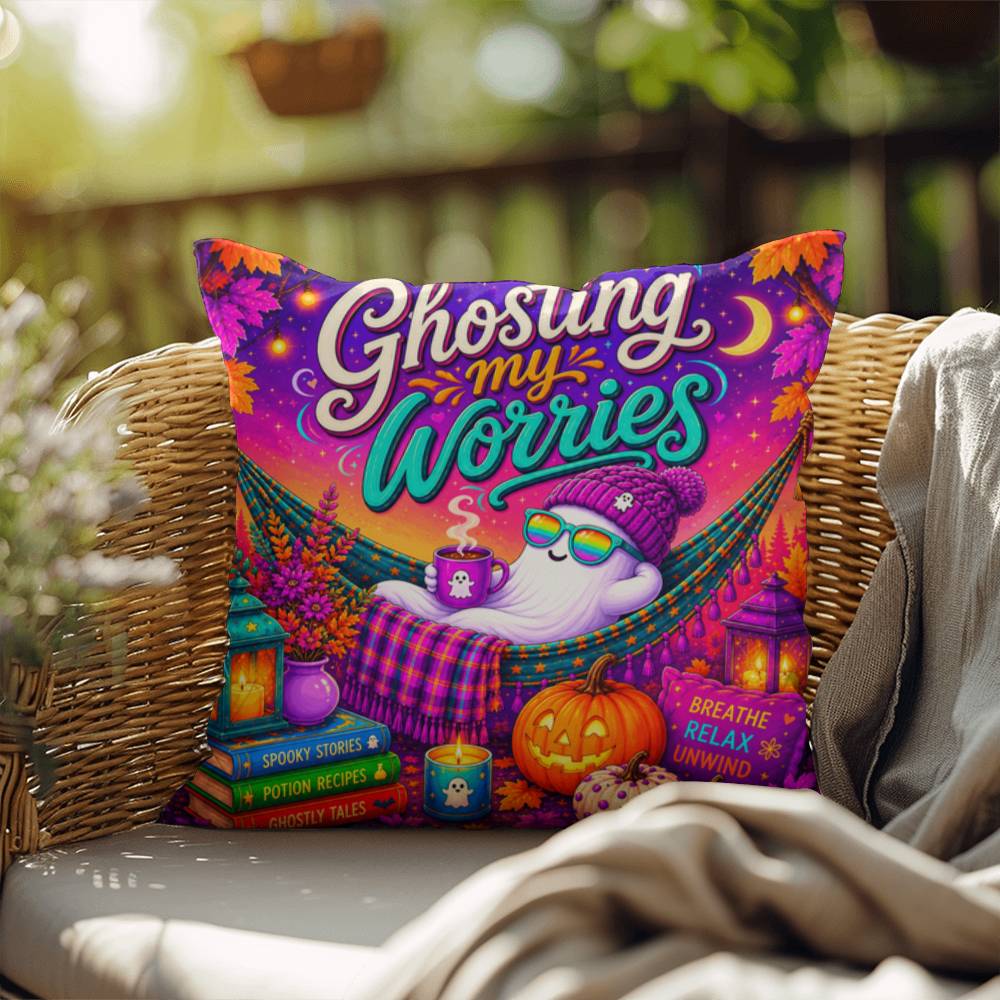 Ghosting My Worries Halloween Throw Pillow - Breathe Relax Unwind Ghost Pillow