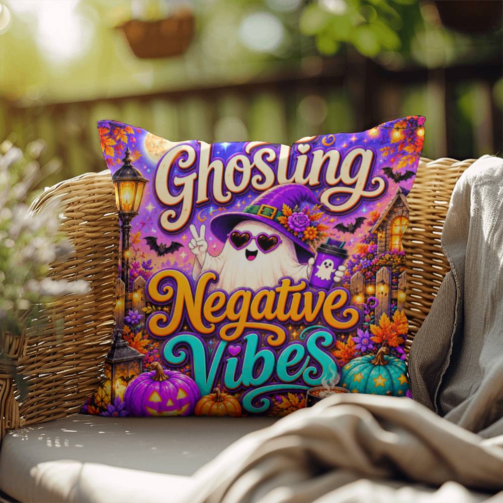 Ghosting Negative Vibes message with peace sign ghost artwork on a positive Halloween throw pillow