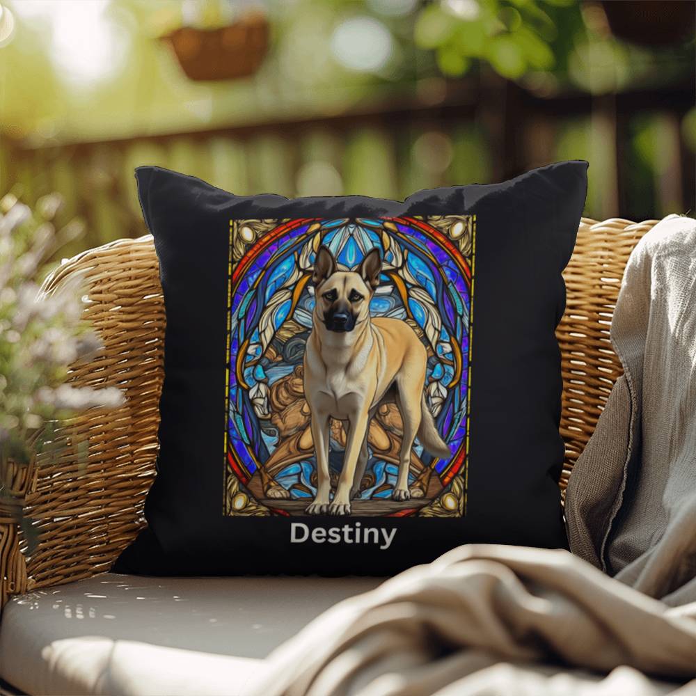 Belgian Malinois (Cream) Indoor/Outdoor Pillow - Personalized Stained Glass Dog Tribute & Comfort Gift