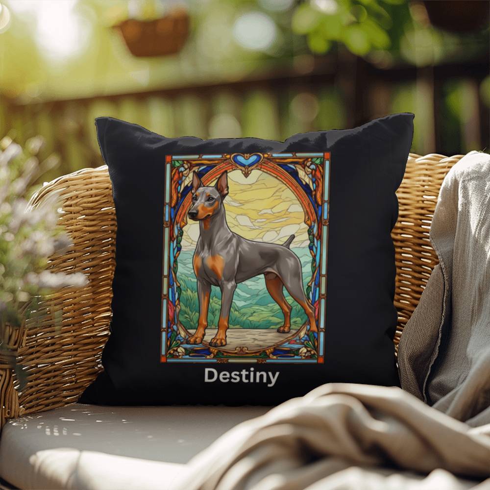 Doberman Pinscher (Fawn [Isabella] & Rust) Indoor/Outdoor Pillow - Personalized Stained Glass Dog Tribute & Comfort Gift