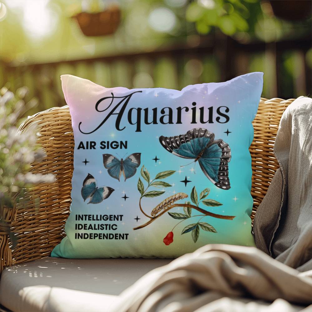 Aquarius Butterfly Indoor/Outdoor Pillow – Zodiac Astrology Decor, Boho Accent for Home & Patio