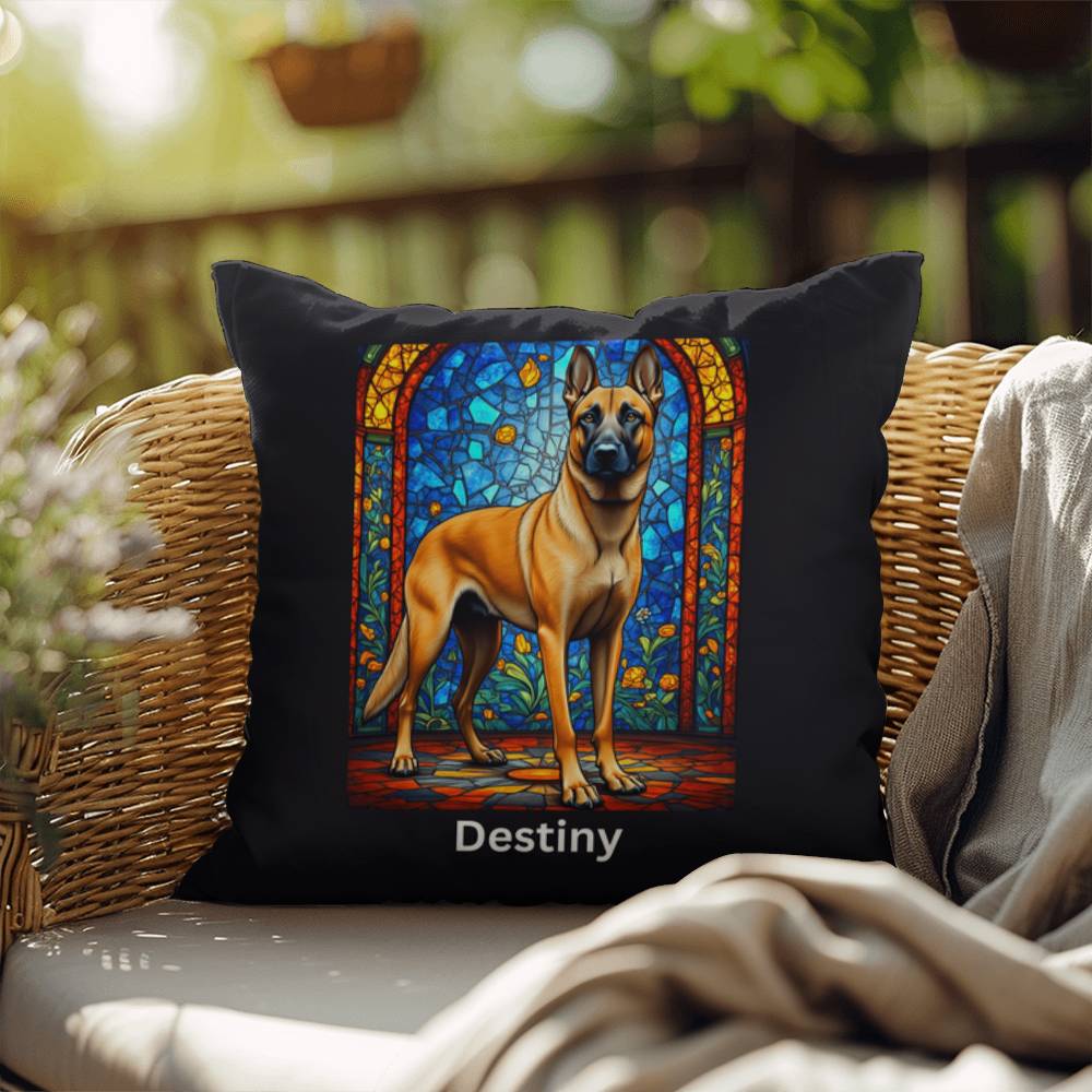 Belgian Malinois (Fawn) Indoor/Outdoor Pillow - Personalized Stained Glass Dog Tribute & Comfort Gift
