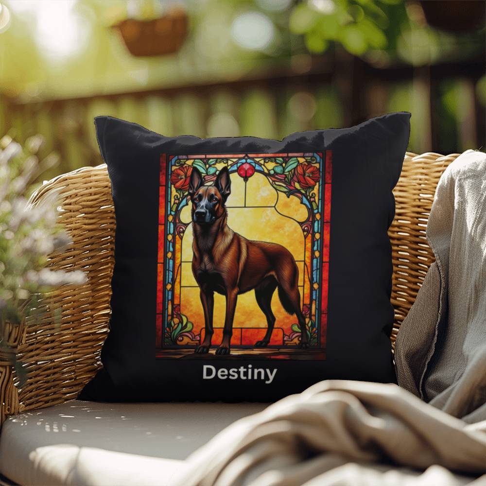 Belgian Malinois (Red Sable) Indoor/Outdoor Pillow - Personalized Stained Glass Dog Tribute & Comfort Gift