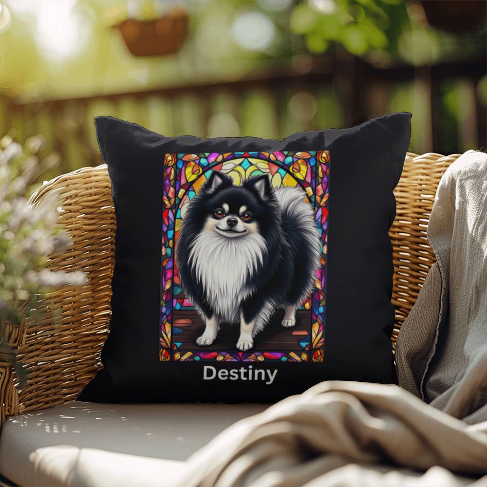 Pomeranian (Black and White) Indoor/Outdoor Pillow - Personalized Stained Glass Dog Tribute & Comfort Gift