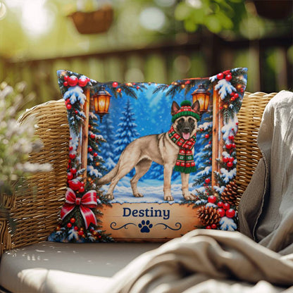 Belgian Malinois (Cream Sable Coat) - Personalized Winter Woodland Pillow, Custom Dog Name Gift