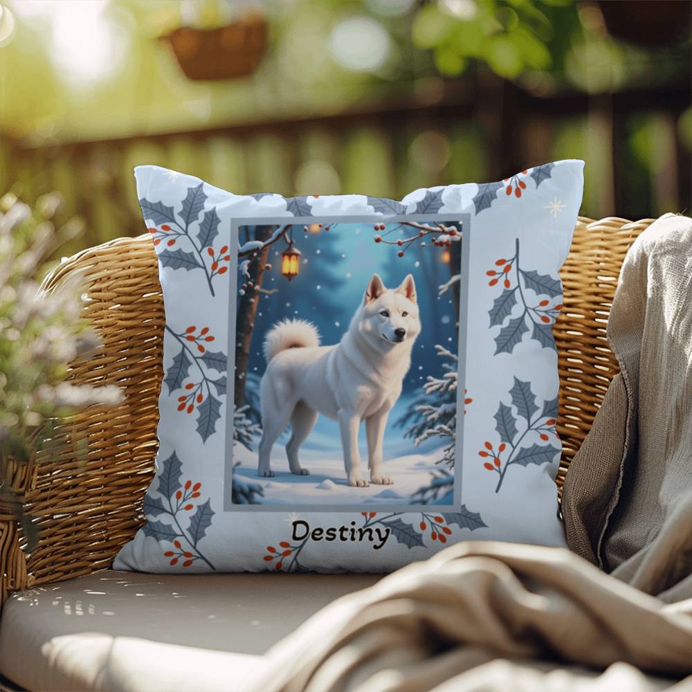 Husky White Pillow - Winter Husky throw pillow, indoor seasonal dog pillow, cozy home accent