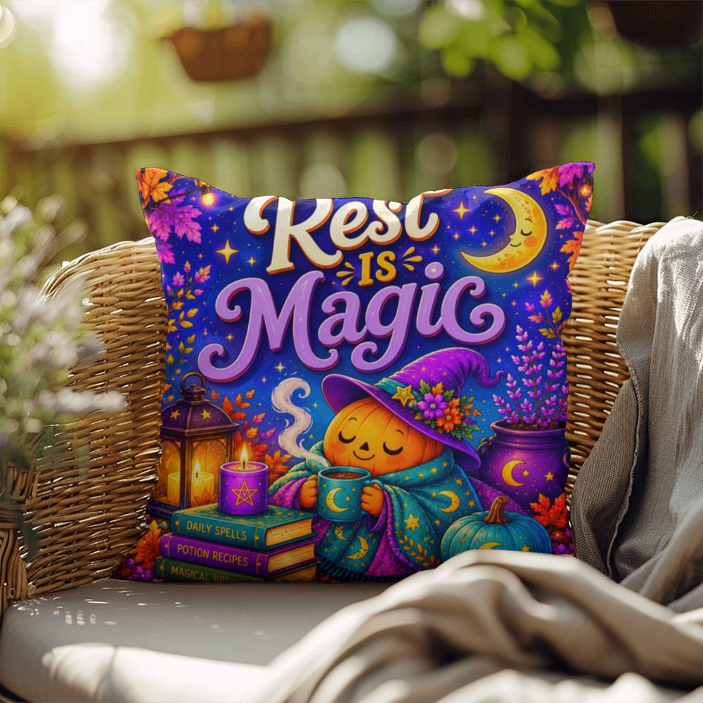 Rest Is Magic Halloween Throw Pillow - Self Care Pumpkin Witch Moon Pillow