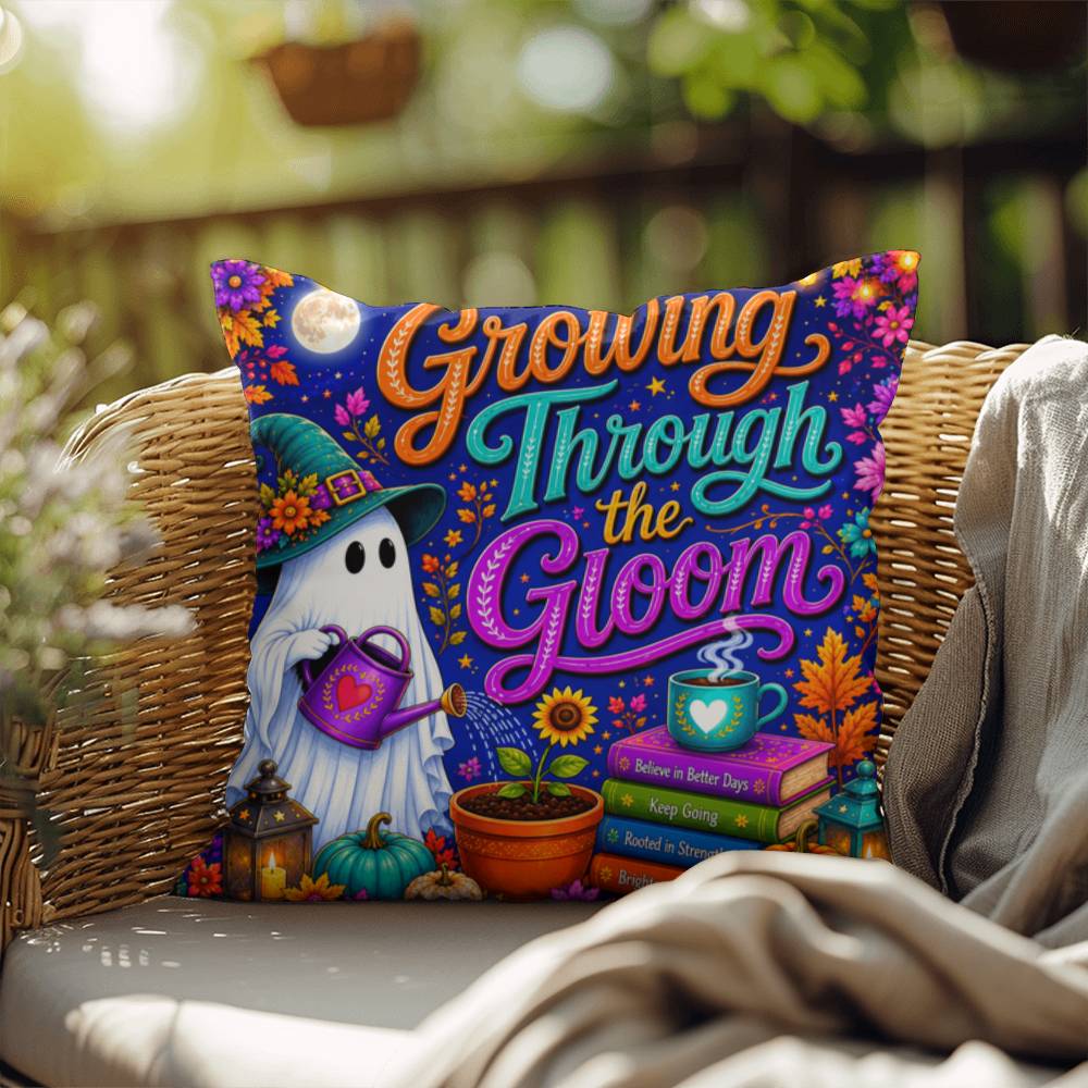 Growing Through The Gloom Halloween Throw Pillow - Trauma Recovery Survivor Gift