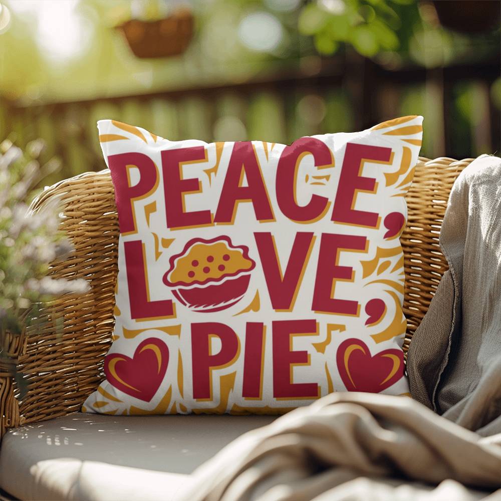 Peace, Love, Pie throw pillow with colorful fall design and mindfulness quote for seasonal comfort