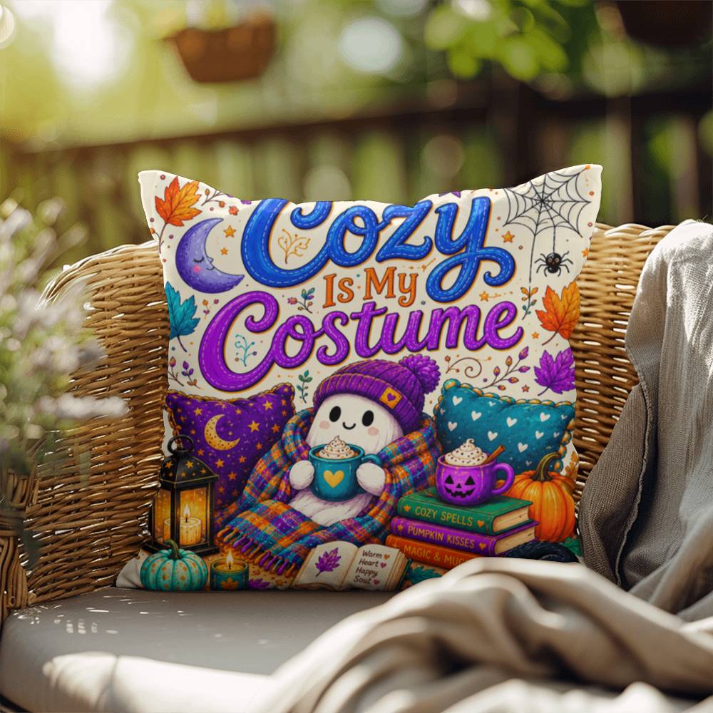 Cozy Is My Costume saying with ghost artwork on a Halloween throw pillow inspired by autumn comfort
