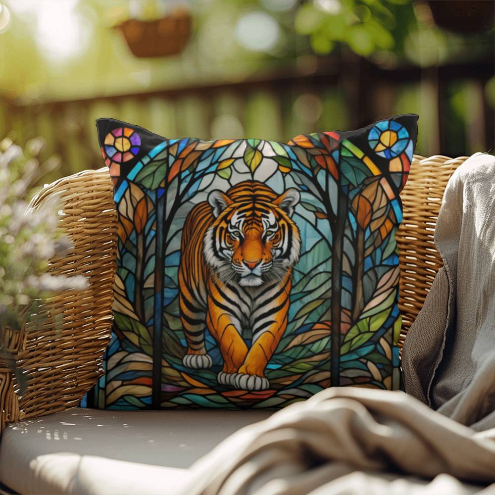 Tiger stained glass throw pillow, jungle wildlife decor, indoor outdoor accent pillow