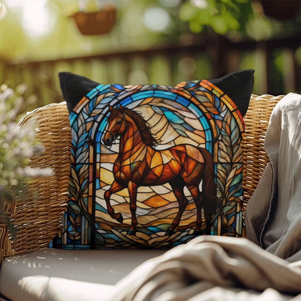 Horse stained glass throw pillow, equestrian animal decor, indoor outdoor cozy home accent