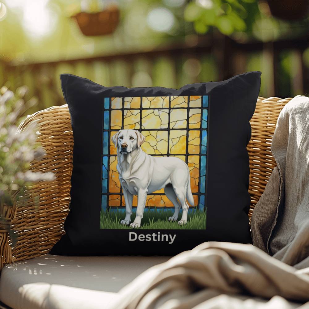 White Labrador Retriever Pillow, custom name stained glass dog décor for pet lovers
