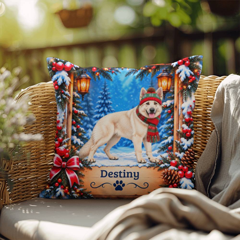German Shepherd (White Coat) - Personalized Snowy Woodland Pillow, Winter Gift for Dog Lovers