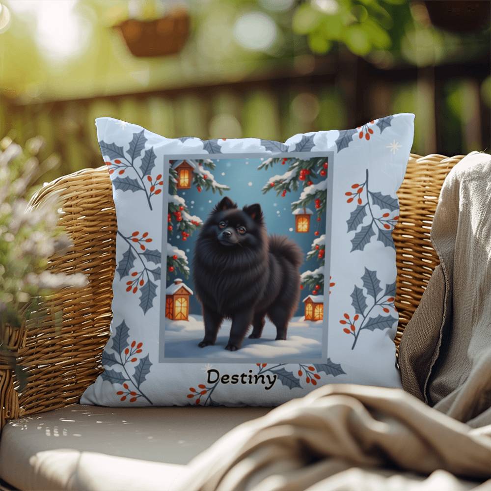 Pomeranian Black Pillow - Fluffy Pom pillow, indoor/outdoor winter dog throw, seasonal accent