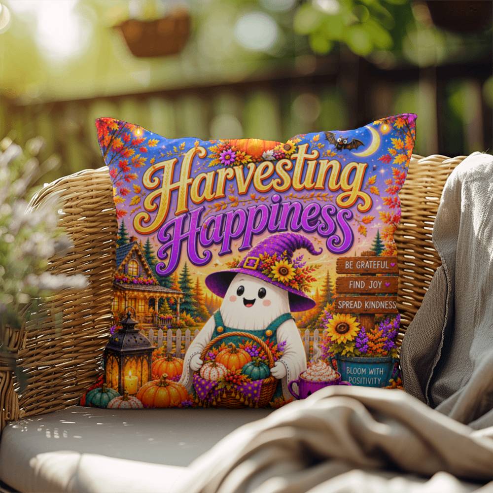Harvesting Happiness quote with autumn harvest artwork on a Halloween throw pillow promoting gratitude
