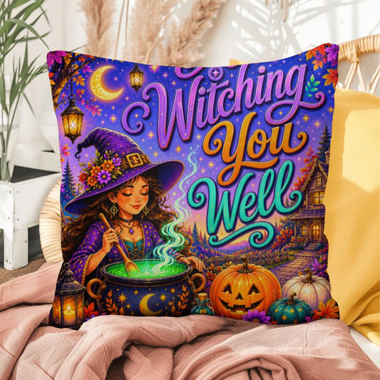 Witching You Well quote with magical autumn artwork on a Halloween wellness throw pillow