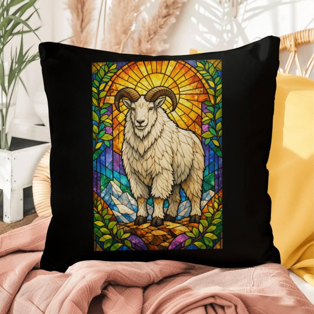 Shop our mountain goat stained glass style throw pillow featuring the 16" x 16" style option from MySisterIsASurvivor.
