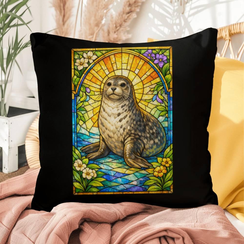 Shop our seal stained glass style throw pillow featuring the 16" x 16" style option from MySisterIsASurvivor.