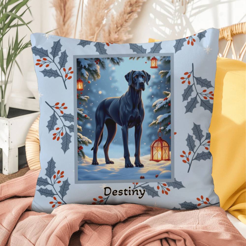 Great Dane Blue Pillow - Holiday Great Dane pillow, indoor winter dog throw, personalized accent