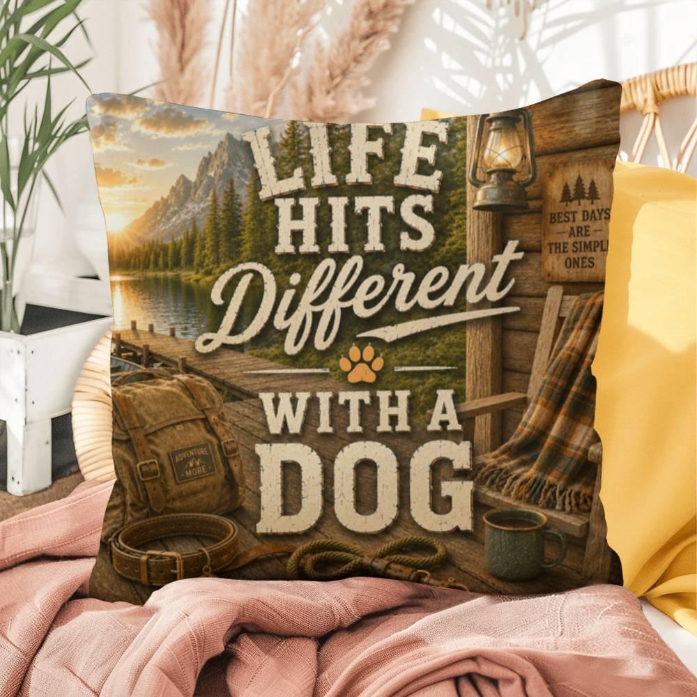 Shop our premium life hits different with a dog throw pillow from MySisterIsASurvivor.