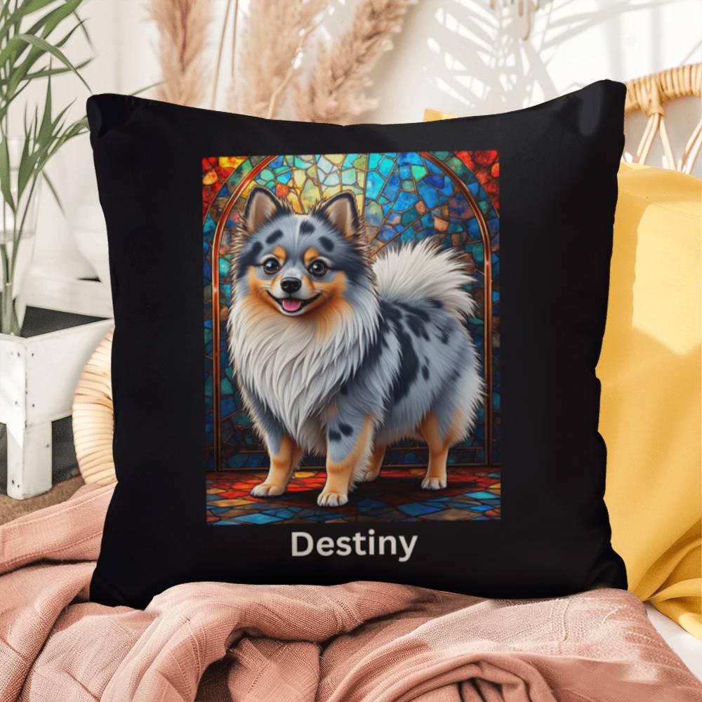 Pomeranian (Blue Merle) Indoor/Outdoor Pillow - Personalized Stained Glass Dog Tribute & Comfort Gift