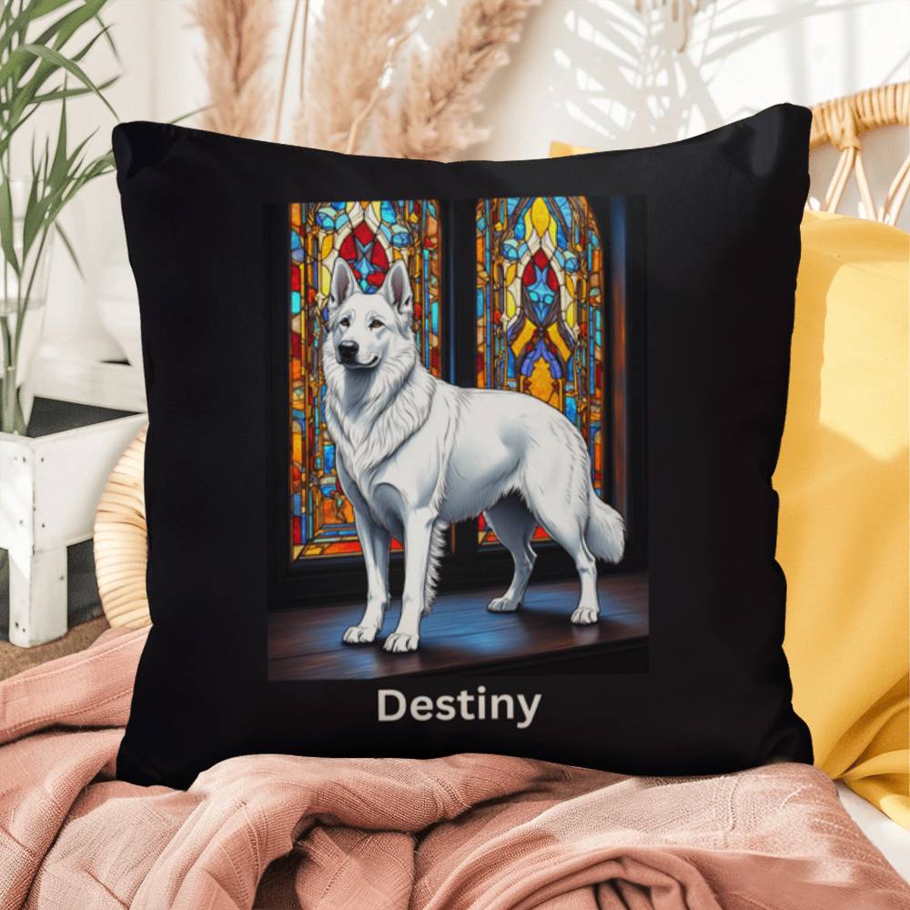 German Shepherd (White) Indoor/Outdoor Pillow - Personalized Stained Glass Dog Tribute & Comfort Gift