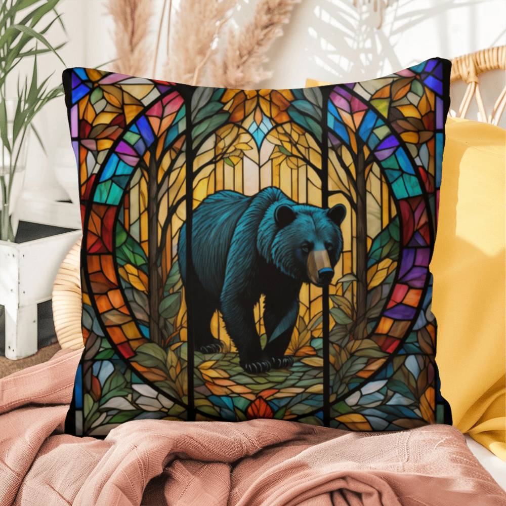 Bear stained glass throw pillow, indoor outdoor wildlife decor, cozy home accent for animal lovers