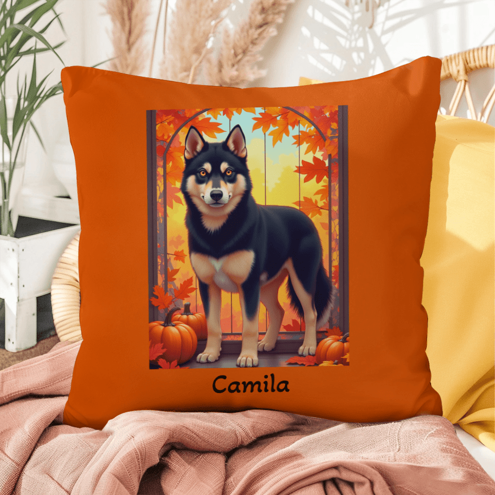Siberian Husky Black & Tan Coat (Amber Eyes) Pillow, Indoor Outdoor Dog Cushion, Custom Gift