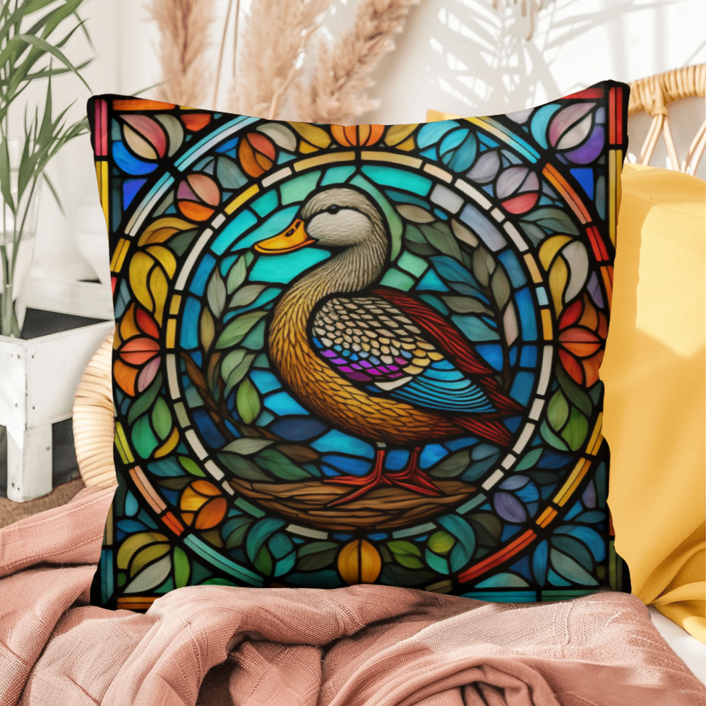 Duck stained glass throw pillow, indoor outdoor farm animal decor, home accent pillow