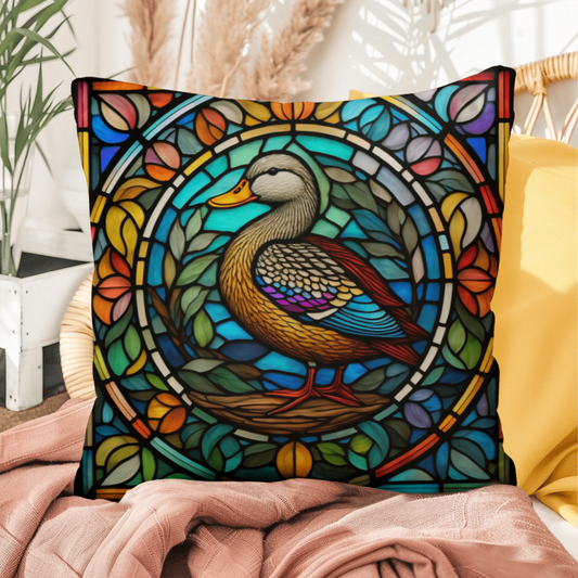 Duck stained glass throw pillow, indoor outdoor farm animal decor, home accent pillow