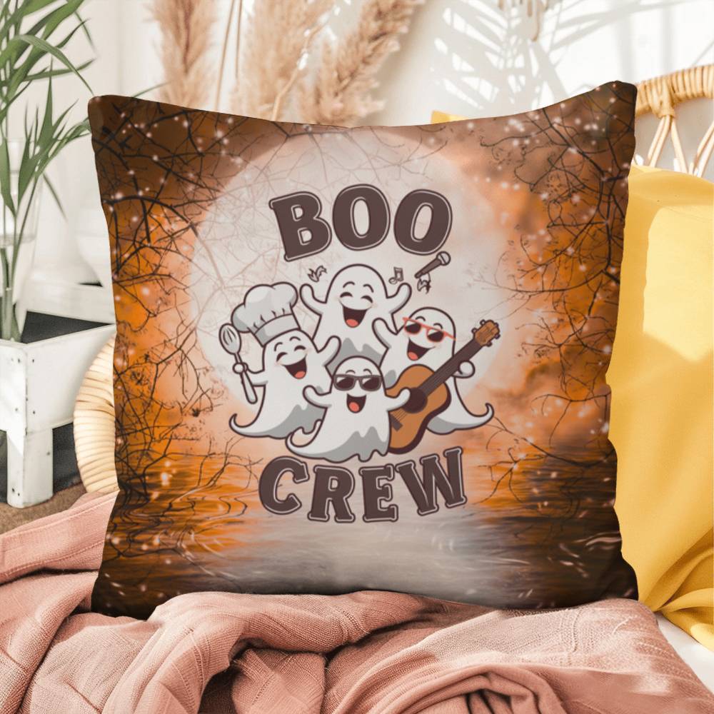 Halloween-themed indoor/outdoor throw pillow with “Boo Crew,” perfect for spooky home décor