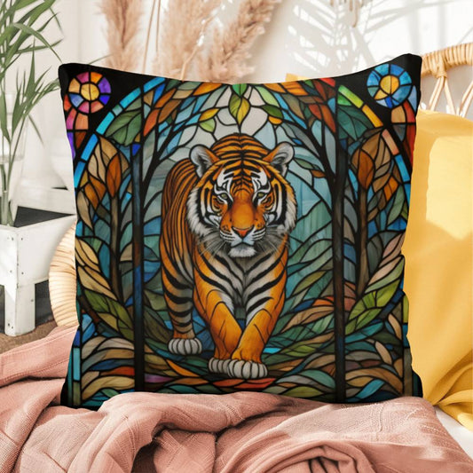 Tiger stained glass throw pillow, jungle wildlife decor, indoor outdoor accent pillow
