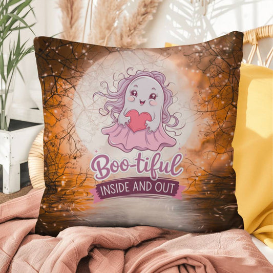 Halloween indoor/outdoor pillow with a cute ghost and “Boo-tiful” for mental health and seasonal charm