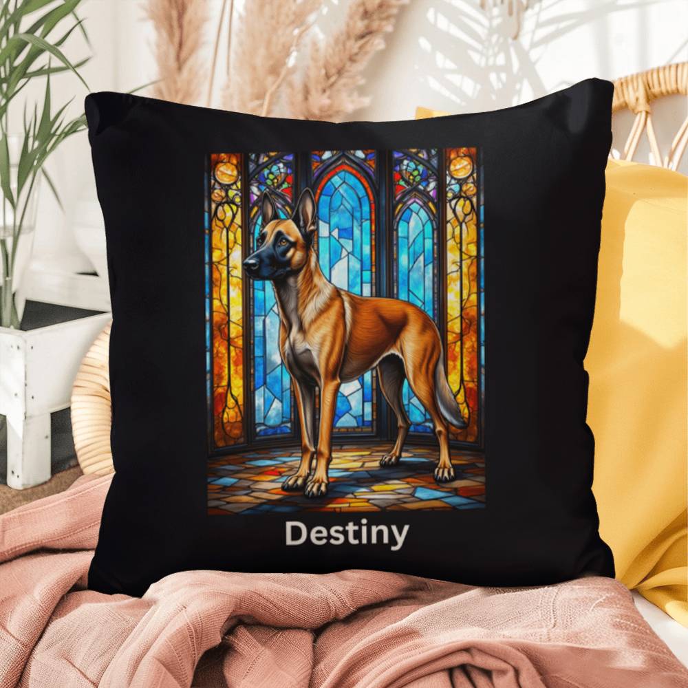 Belgian Malinois (Mahogany) Indoor/Outdoor Pillow - Personalized Stained Glass Dog Tribute & Comfort Gift