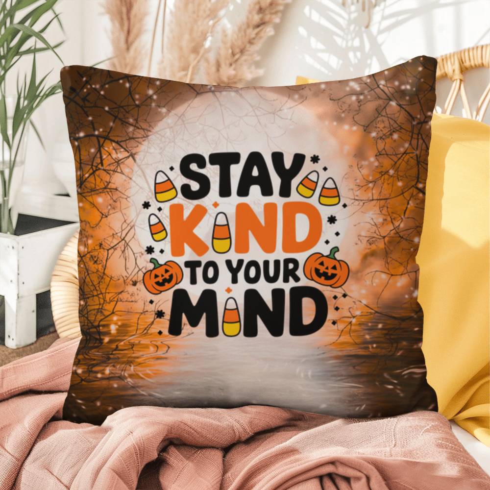 Indoor/outdoor throw pillow with “Stay Kind To Your Mind” promoting mental wellness